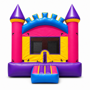 13x13 Girls Bounce House Rental with pink castle towers, purple turrets, blue arch, and front entry step