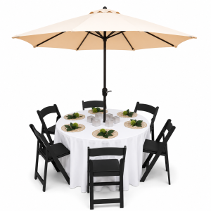 Black resin umbrella table rental Perris CA with black chairs, a round table, white linen, and a light-toned market umbrella