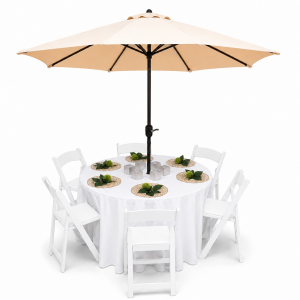 White Resin Umbrella Table Rental Perris with white folding chairs, a round table, and beige market umbrella